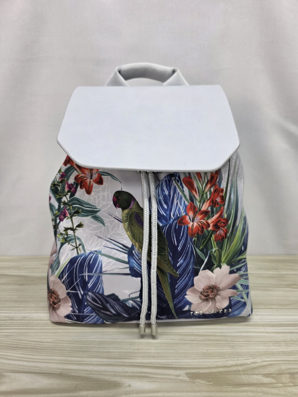 Ted Baker White Floral Parrot Drawstring Backpack - Picture 2 of 10